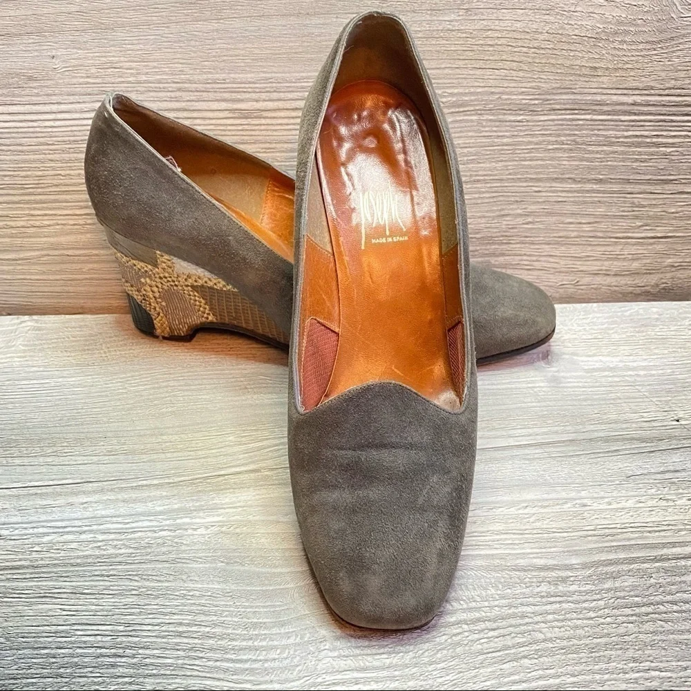 Vintage Joseph suede leather upper lining + sole Patchwork patterned wedge heel